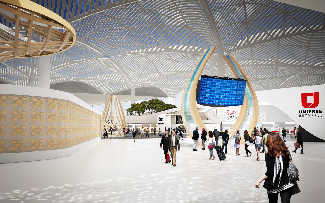 Rendering with organic shaped flight information display for Istanbul new airport.